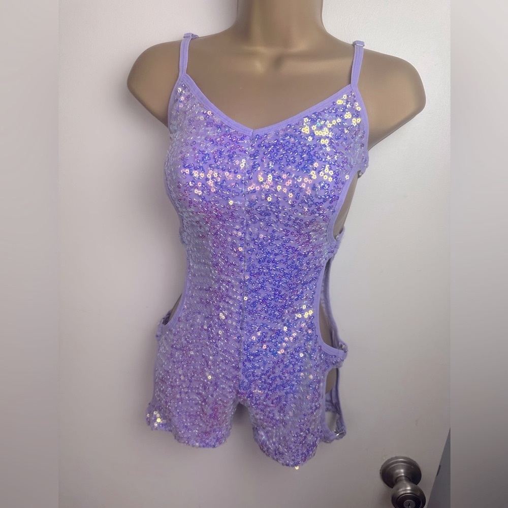 Club Exx X Dolls Kill Purple Sequin Iridescent I Bodied That Romper NWOT XS